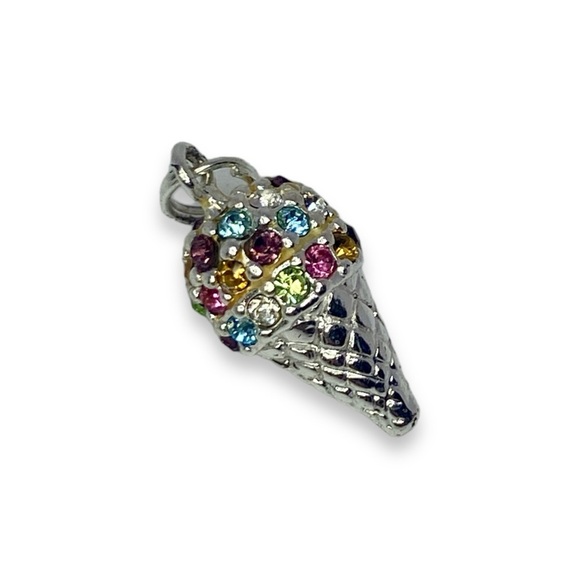 Sterling Silver Ice Cream Cone Charm w. Multi-colored Rhinestone Sprinkles - Picture 3 of 4